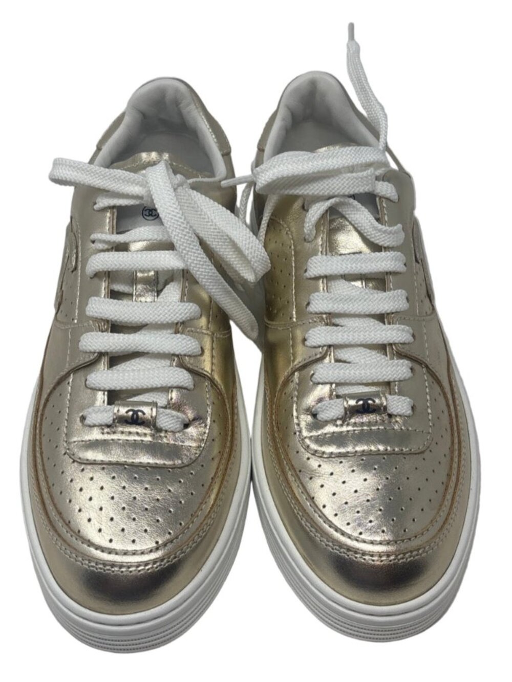 Chanel-Gold Leather CC Sneakers Sz-38.5 - New In Box